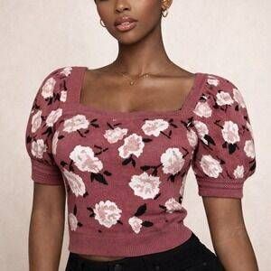 Willow & Wind Mauve Floral Crop Sweater Puff Sleeve Square Neck Knit Crop Top L